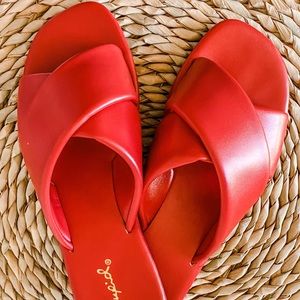 Red Cupid Brand Crisscross Sandals Slides
